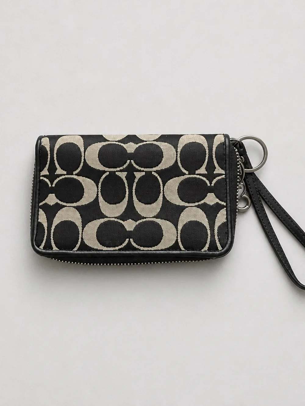 Coach Black and Silver Signature Jacquard Wristlet with Key Ring